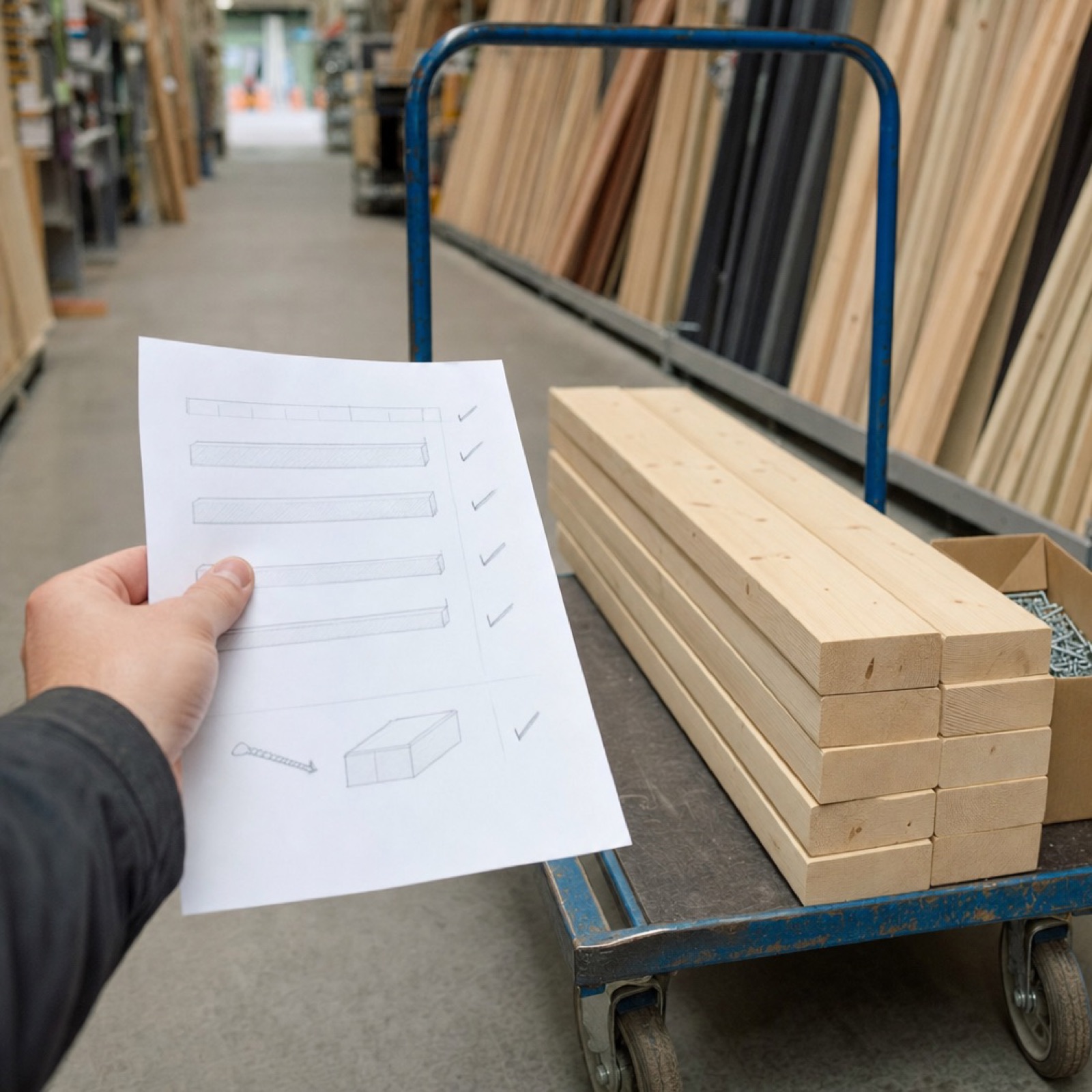 Materiaallijst met vinkjes naast een kar met precies genoeg planken in de bouwmarkt