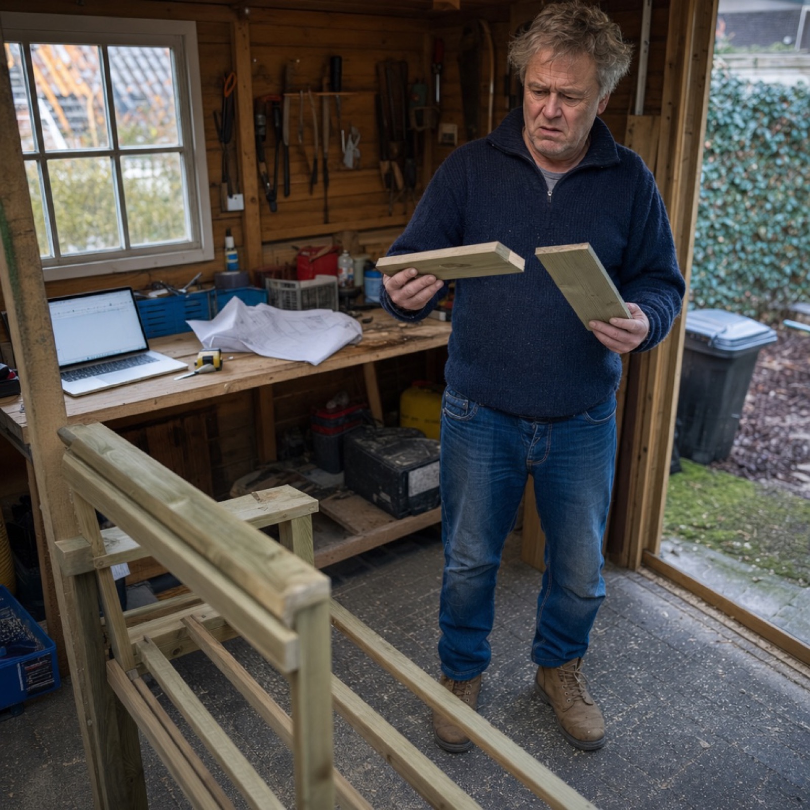 Doe-het-zelver in zijn schuur met twee planken die niet op elkaar passen