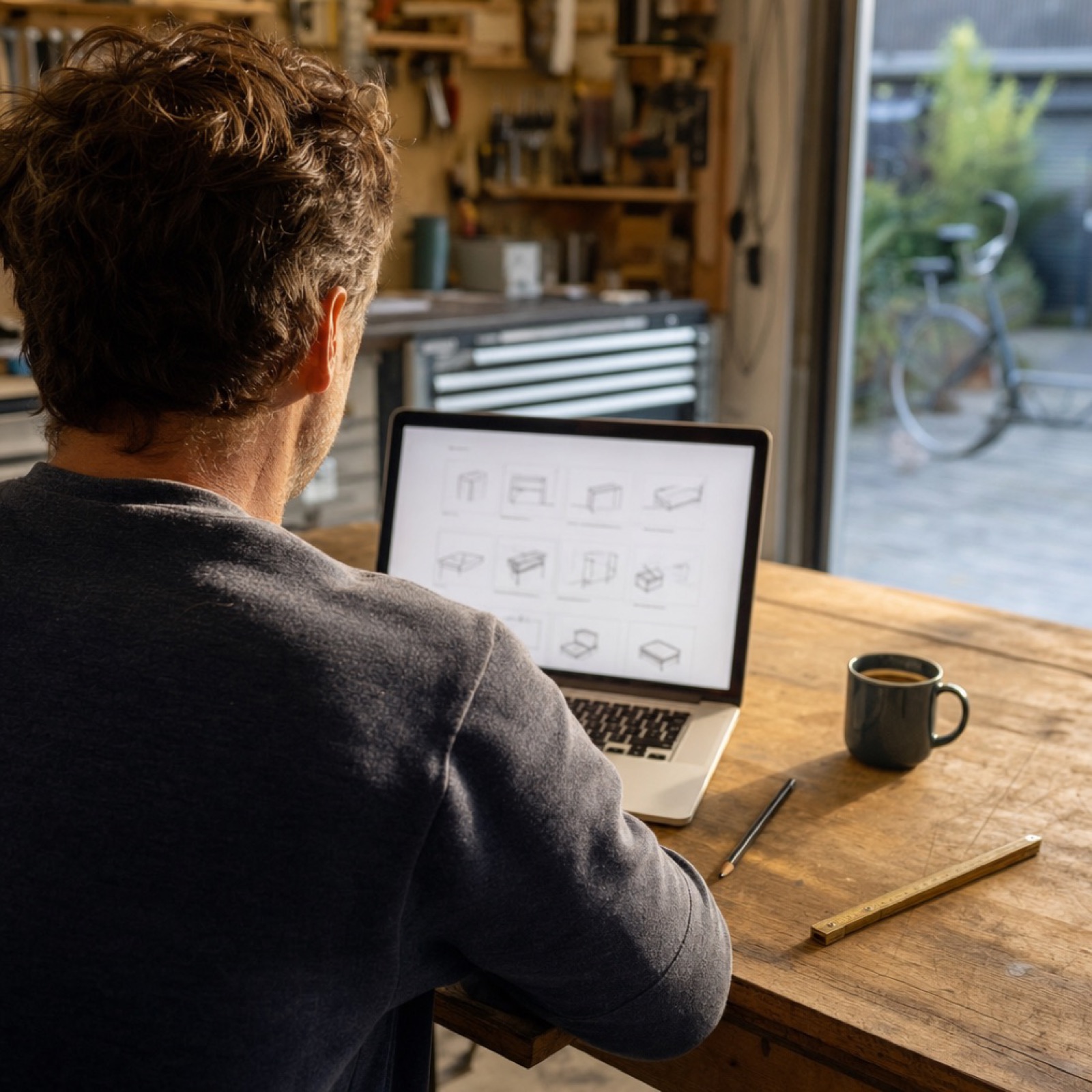 Doe-het-zelver bladert op zijn laptop door de bouwtekeningen